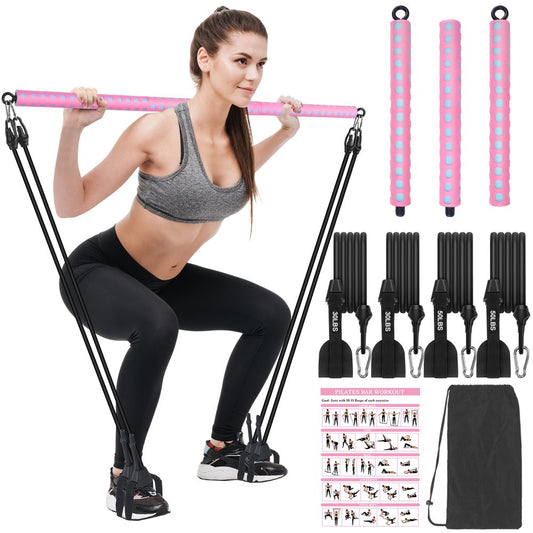 Adjustable Pilates Bar Kit with 4 Resistance Bands, Portable Pilates Bar Stick for Home Workout, Adjustable Pilate Bar for Gym Fitness